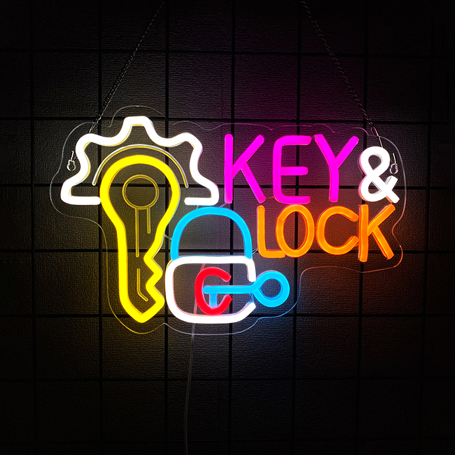 Home Security Business - Key and Lock Neon Sign for